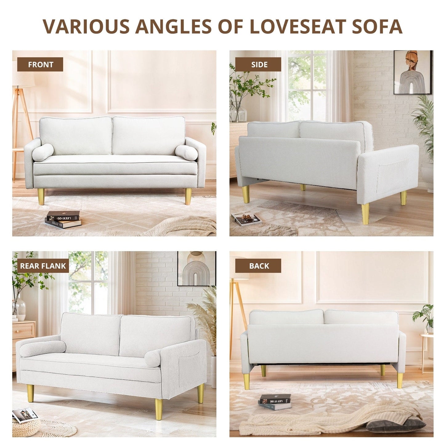 Divano a due posti in poliestere arancione da 65 pollici con tasche laterali e cuscini rotondi - 65 pollici