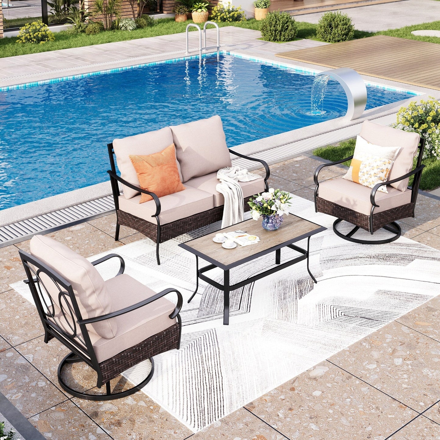 MAISON ARTS Set di mobili da esterno extra large da 6 pezzi: divani a 3 e 2 posti, sedie girevoli, pouf, tavolino da caffè