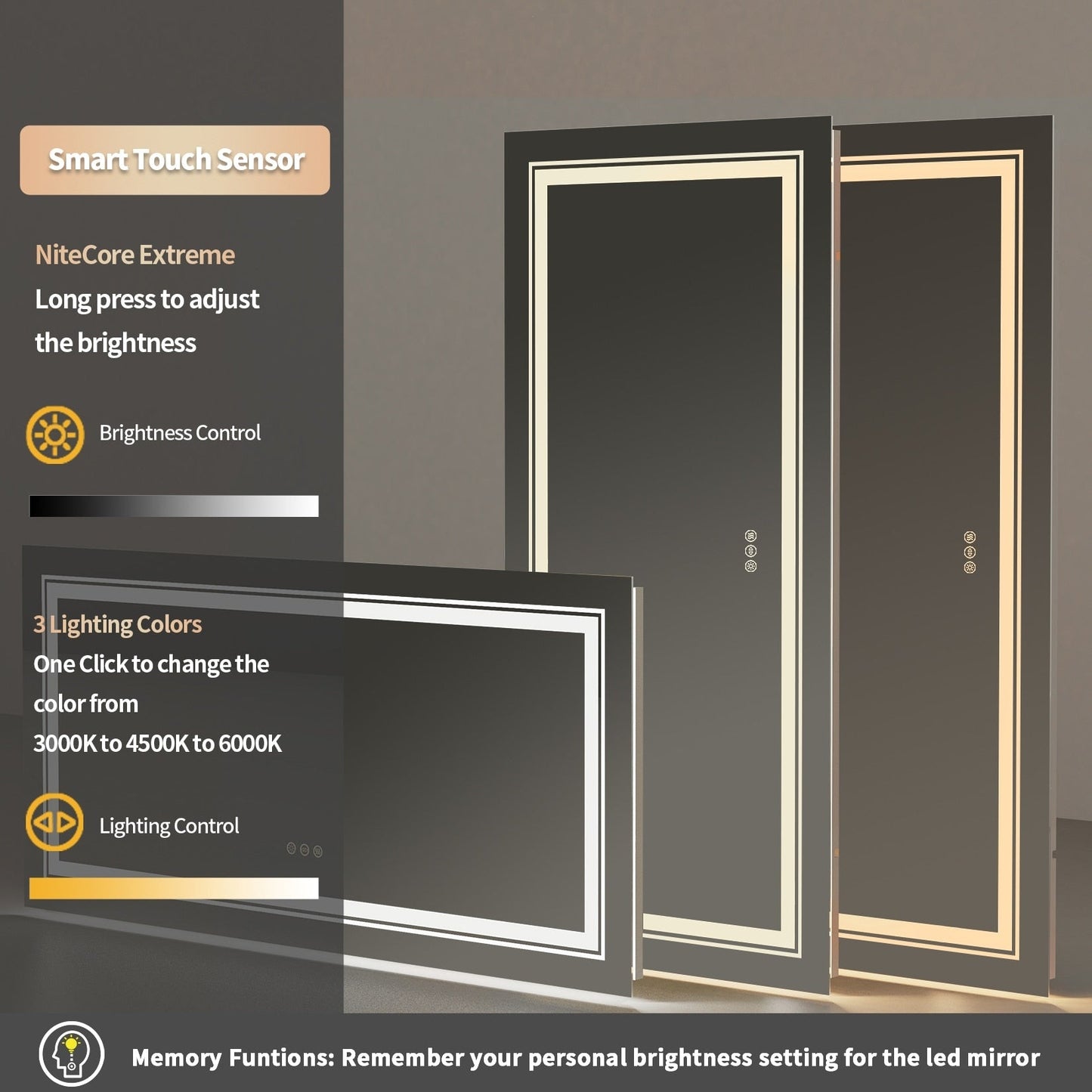 Specchio da bagno extra large con illuminazione a LED, antiappannamento, 3 colori