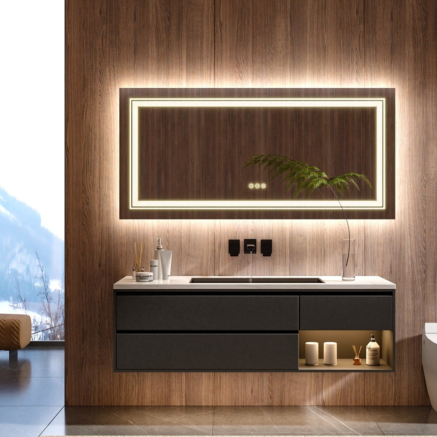 Specchio da bagno extra large con illuminazione a LED, antiappannamento, 3 colori