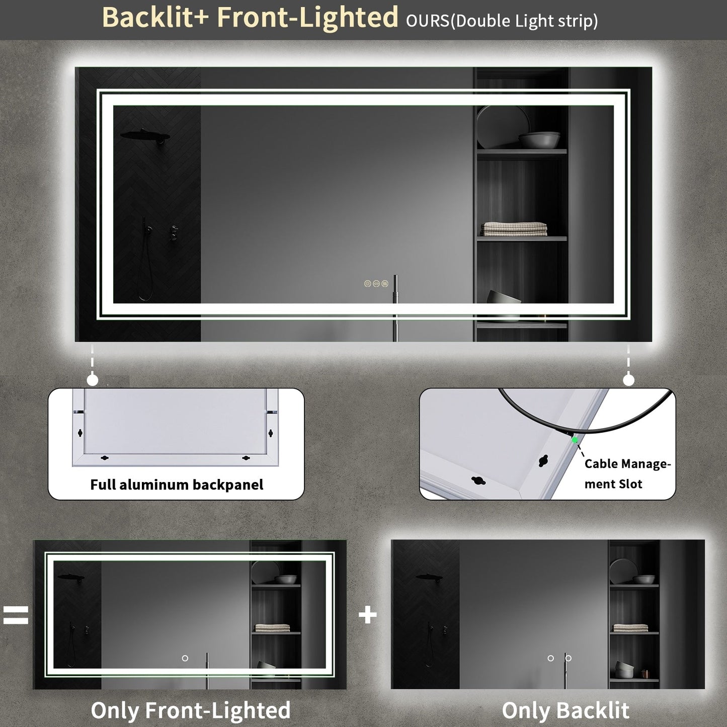 Specchio da bagno extra large con illuminazione a LED, antiappannamento, 3 colori