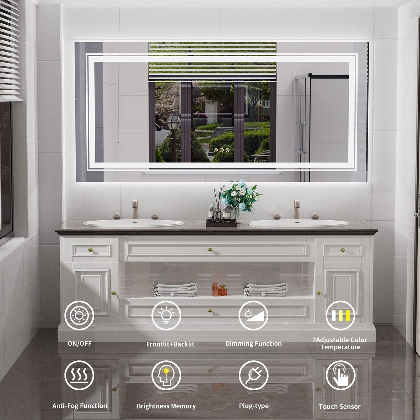 Specchio da bagno extra large con illuminazione a LED, antiappannamento, 3 colori