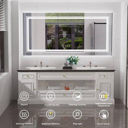 Specchio da bagno extra large con illuminazione a LED, antiappannamento, 3 colori