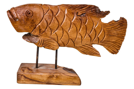 Decoro - Pesce Scultura In Legno Su Piedistallo Piccolo