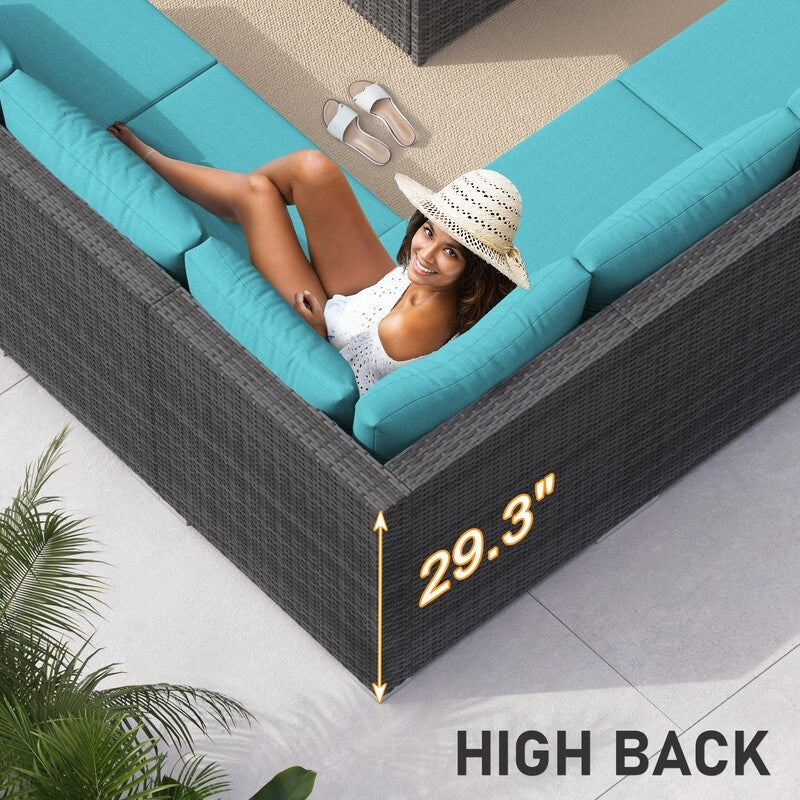 Set di divani componibili per conversazione da esterno FINCATI da 9 pezzi, extra large, con schienale alto e tavolo con braciere