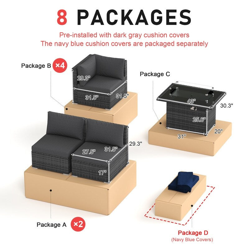 Set di divani componibili per conversazione da esterno FINCATI da 9 pezzi, extra large, con schienale alto e tavolo con braciere