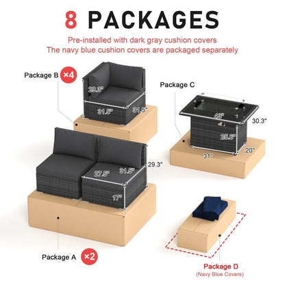 Set di divani componibili per conversazione da esterno FINCATI da 9 pezzi, extra large, con schienale alto e tavolo con braciere