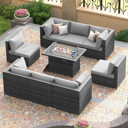 Set di divani componibili per conversazione da esterno FINCATI da 9 pezzi, extra large, con schienale alto e tavolo con braciere