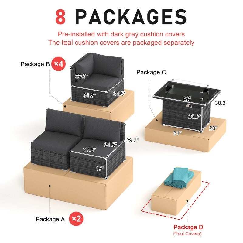 Set di divani componibili per conversazione da esterno FINCATI da 9 pezzi, extra large, con schienale alto e tavolo con braciere
