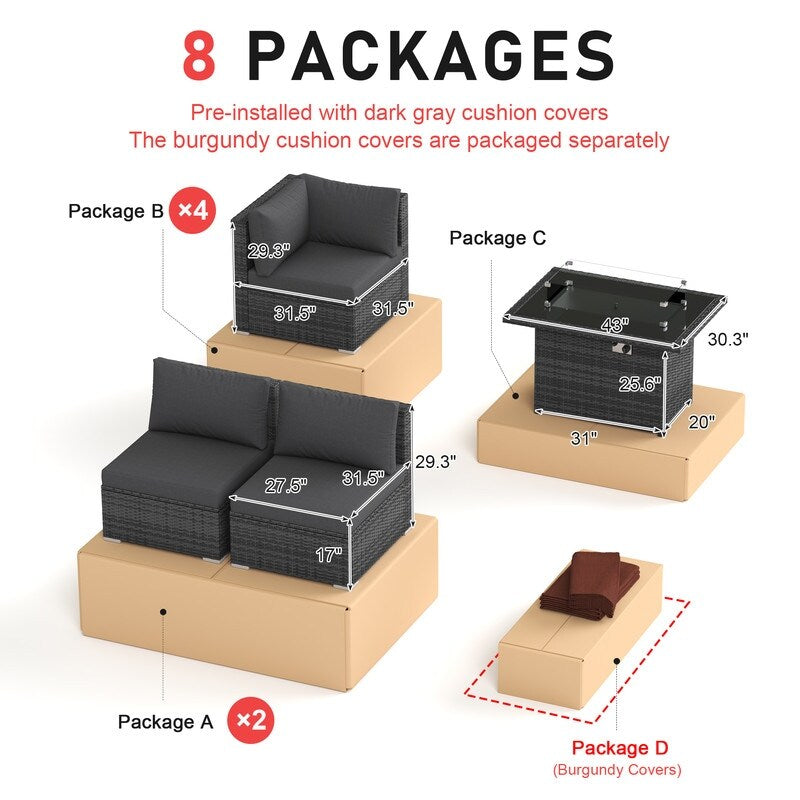 Set di divani componibili per conversazione da esterno FINCATI da 9 pezzi, extra large, con schienale alto e tavolo con braciere