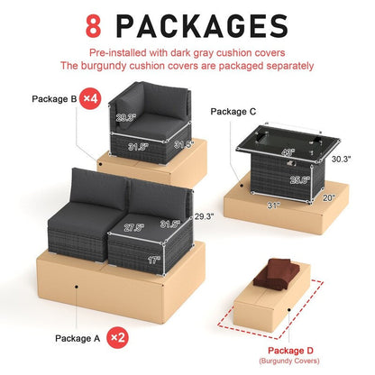 Set di divani componibili per conversazione da esterno FINCATI da 9 pezzi, extra large, con schienale alto e tavolo con braciere