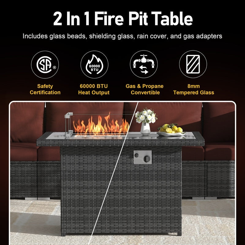 Set di divani componibili per esterni FINCATI in vimini grigio con tavolo e braciere