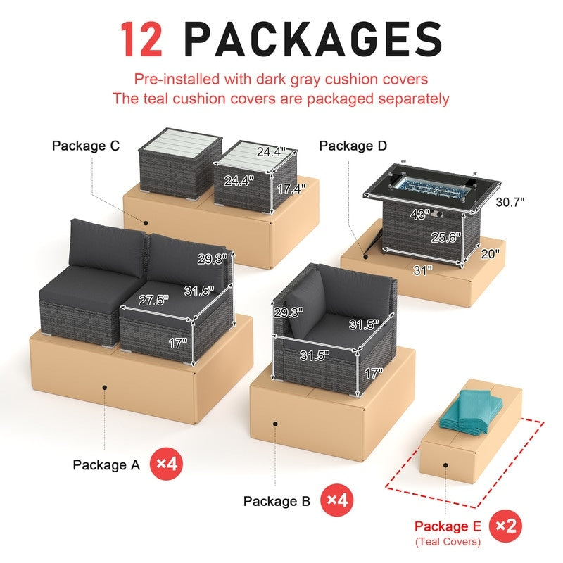 Set di divani componibili per esterni FINCATI in vimini grigio con tavolo e braciere