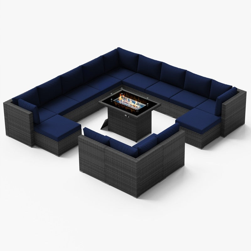 Set di divani componibili per esterni FINCATI in vimini grigio con tavolo e braciere