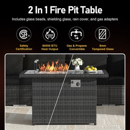 Set di divani componibili per esterni FINCATI in vimini grigio con tavolo e braciere