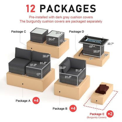 Set di divani componibili per esterni FINCATI in vimini grigio con tavolo e braciere