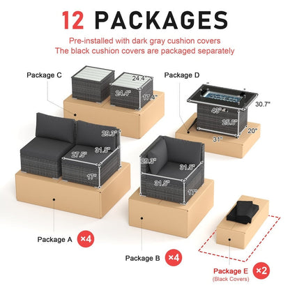 Set di divani componibili per esterni FINCATI in vimini grigio con tavolo e braciere
