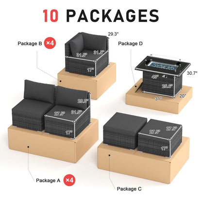 Set di divani componibili per esterni FINCATI in vimini grigio con tavolo e braciere