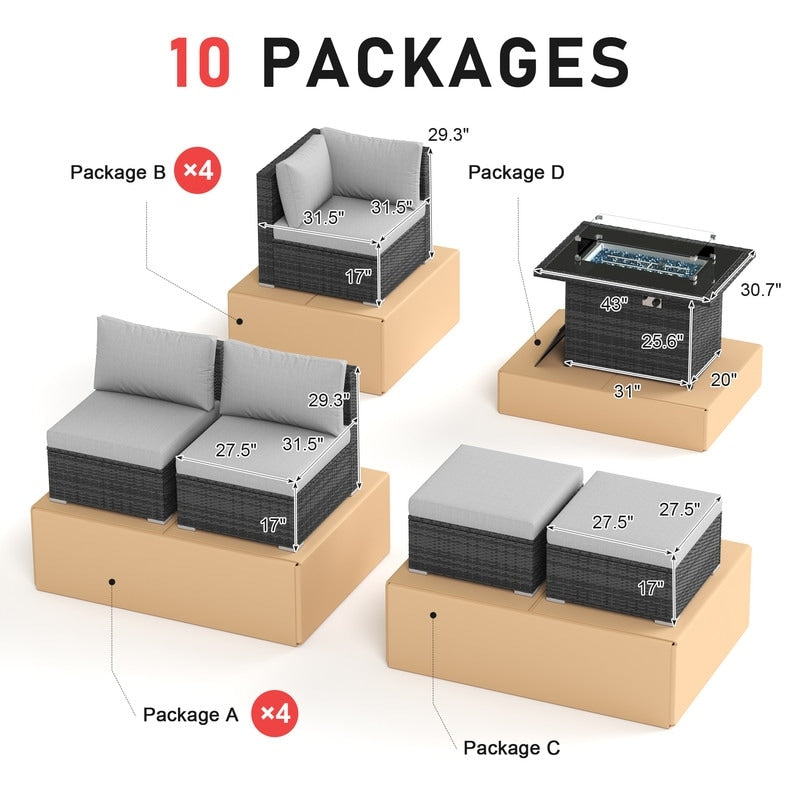 Set di divani componibili per esterni FINCATI in vimini grigio con tavolo e braciere