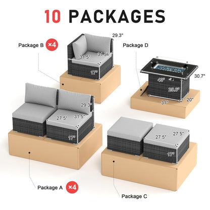 Set di divani componibili per esterni FINCATI in vimini grigio con tavolo e braciere