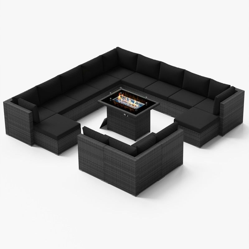 Set di divani componibili per esterni FINCATI in vimini grigio con tavolo e braciere