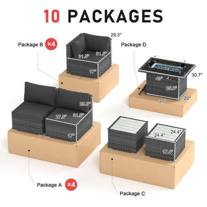 Set di divani componibili per esterni FINCATI in vimini grigio con tavolo e braciere