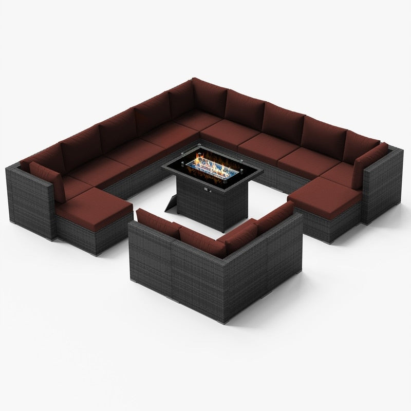 Set di divani componibili per esterni FINCATI in vimini grigio con tavolo e braciere