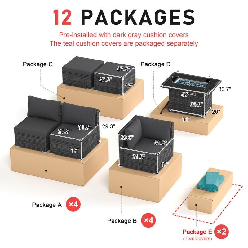 Set di divani componibili per esterni FINCATI in vimini grigio con tavolo e braciere