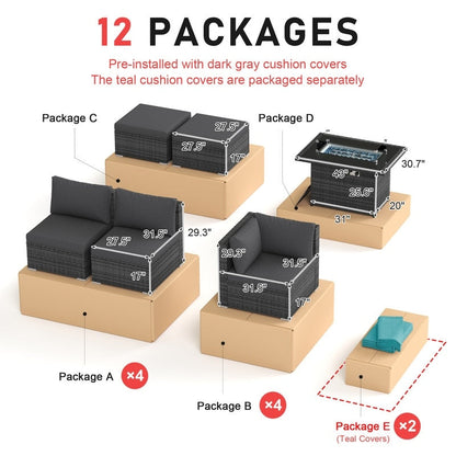 Set di divani componibili per esterni FINCATI in vimini grigio con tavolo e braciere