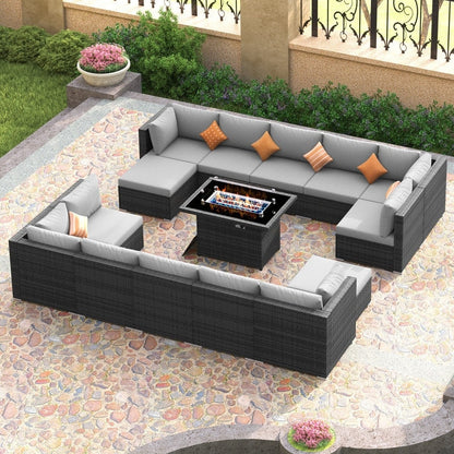 Set di divani componibili per esterni FINCATI in vimini grigio con tavolo e braciere