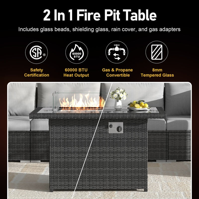 Set di divani componibili per esterni FINCATI in vimini grigio con tavolo e braciere