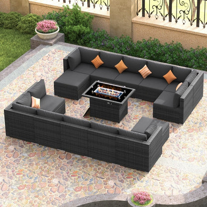 Set di divani componibili per esterni FINCATI in vimini grigio con tavolo e braciere