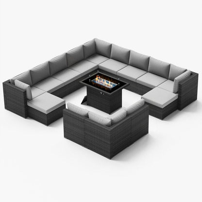 Set di divani componibili per esterni FINCATI in vimini grigio con tavolo e braciere