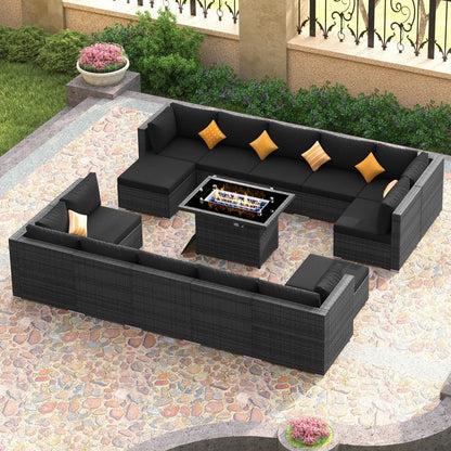 Set di divani componibili per esterni FINCATI in vimini grigio con tavolo e braciere