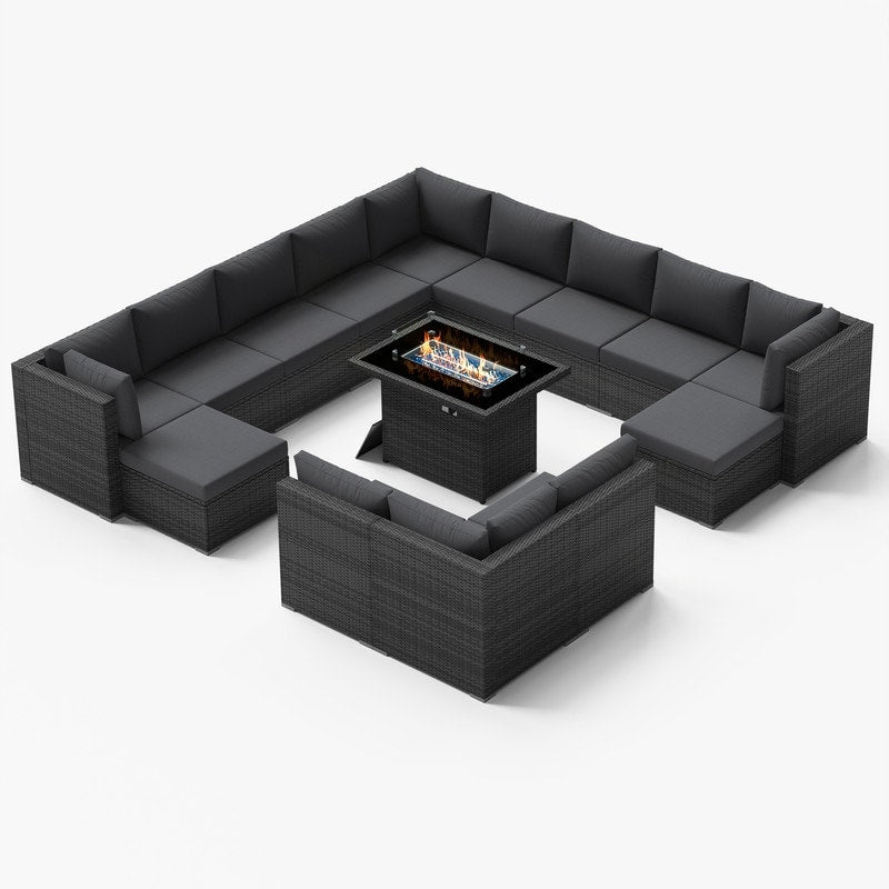 Set di divani componibili per esterni FINCATI in vimini grigio con tavolo e braciere
