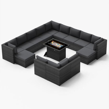 Set di divani componibili per esterni FINCATI in vimini grigio con tavolo e braciere