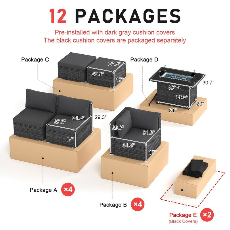 Set di divani componibili per esterni FINCATI in vimini grigio con tavolo e braciere