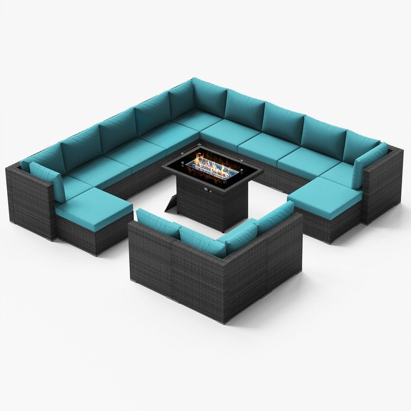 Set di divani componibili per esterni FINCATI in vimini grigio con tavolo e braciere