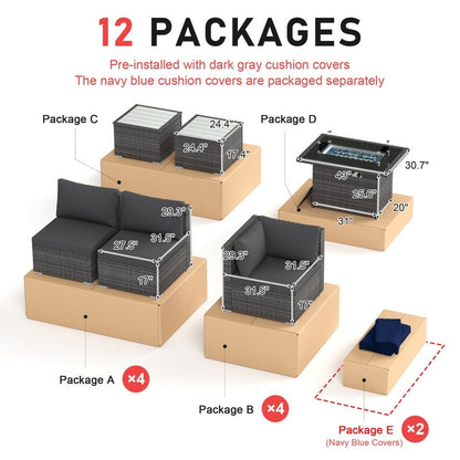 Set di divani componibili per esterni FINCATI in vimini grigio con tavolo e braciere