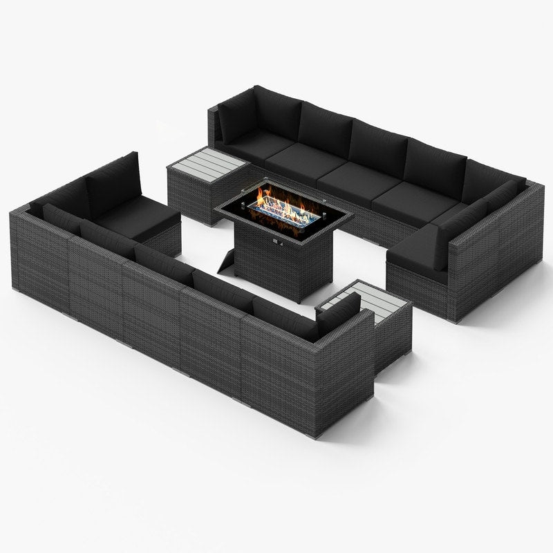 Set di divani componibili per esterni FINCATI in vimini grigio con tavolo e braciere