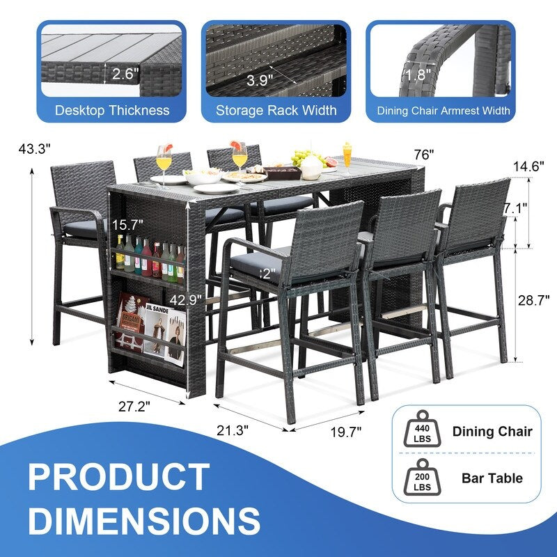Tavolo da bar alto e sedie in vimini PE FINCATI per esterni, set rettangolare di lusso moderno extra-large per quattro/sei persone