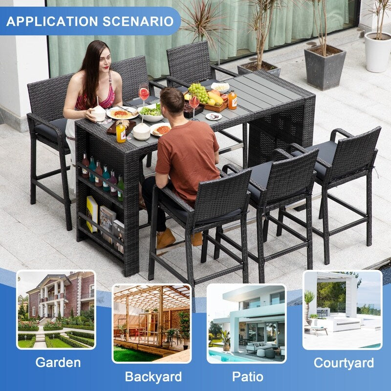 Tavolo da bar alto e sedie in vimini PE FINCATI per esterni, set rettangolare di lusso moderno extra-large per quattro/sei persone