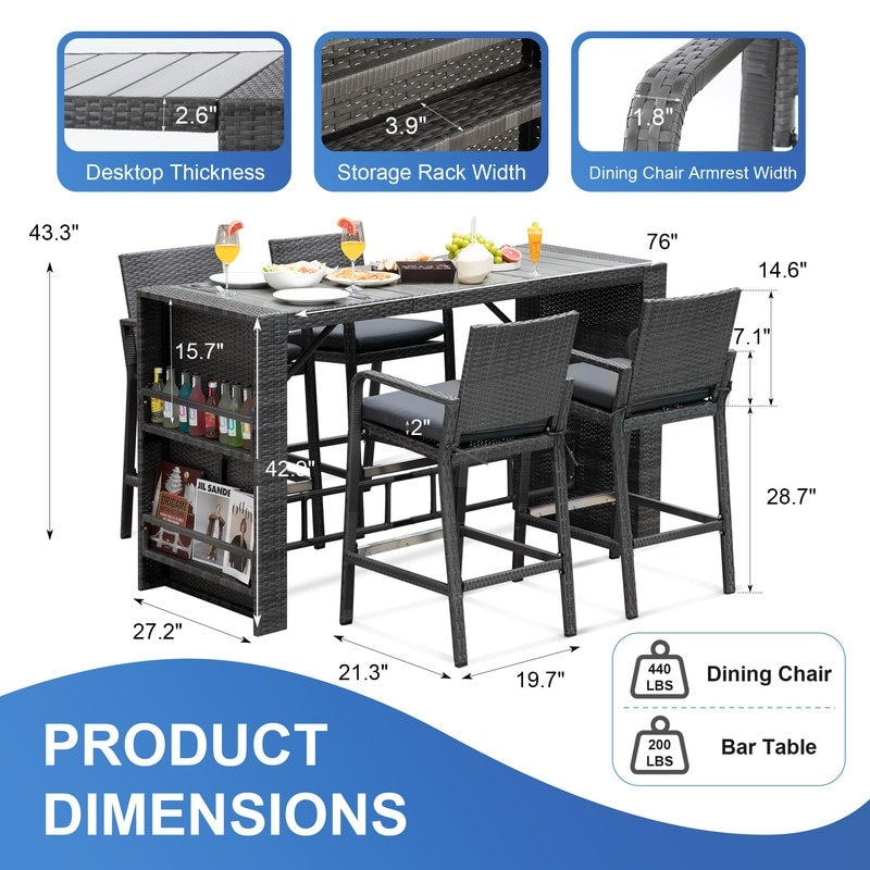 Tavolo da bar alto e sedie in vimini PE FINCATI per esterni, set rettangolare di lusso moderno extra-large per quattro/sei persone