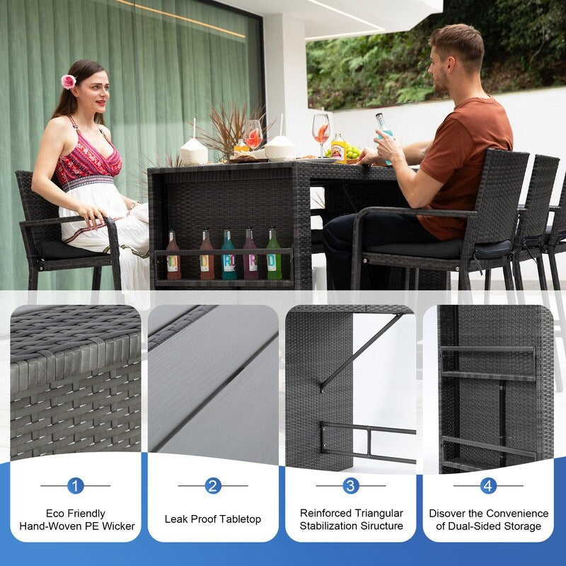 Tavolo da bar alto e sedie in vimini PE FINCATI per esterni, set rettangolare di lusso moderno extra-large per quattro/sei persone