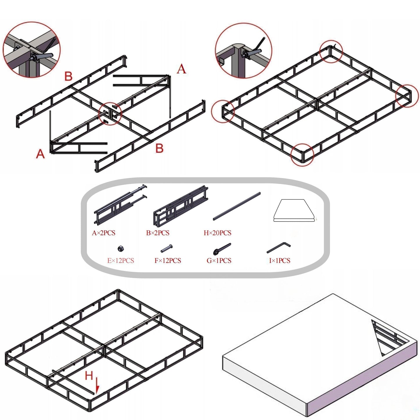 Rete per materasso con struttura in metallo resistente, profilo alto 9 pollici, con fodera grigia