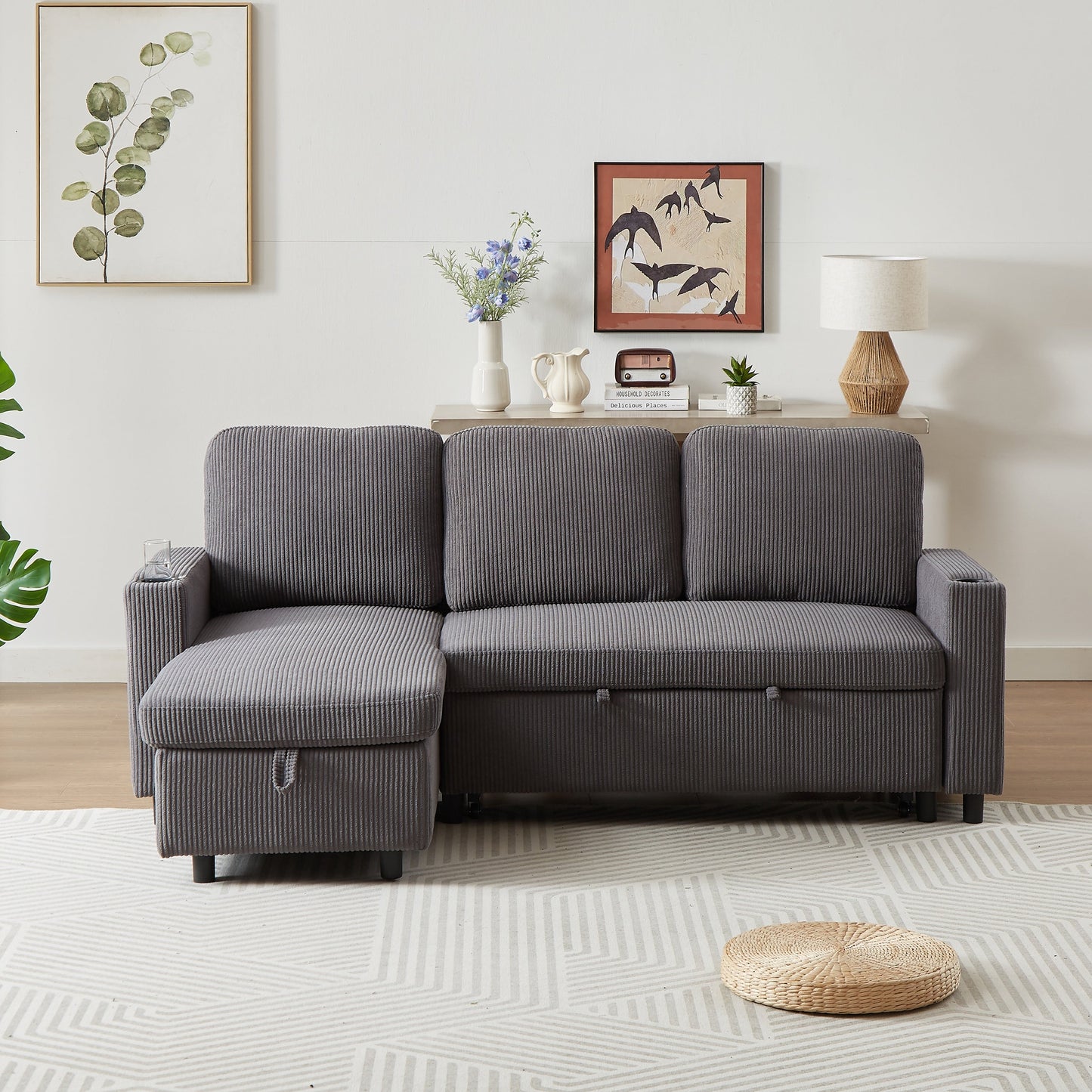 Divano letto reversibile FX 78.8 con letto estraibile, comodo divano letto a L in lino, mobili per soggiorno S