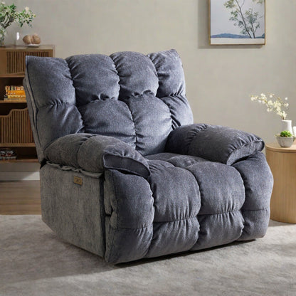 Poltrona reclinabile elettrica girevole a 360° in tessuto con movimento scorrevole, schienale alto e molteplici posizioni di reclinazione