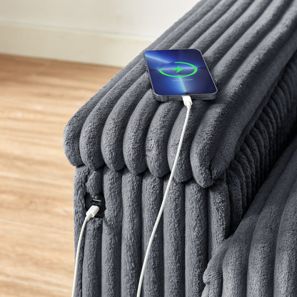 Divano a due posti in tessuto con bracciolo contenitore e USB