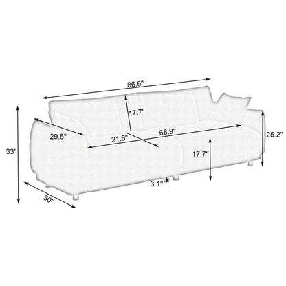 Divano in tessuto, divano trapuntato, divano imbottito con seduta profonda e 4 cuscini decorativi, divano moderno con gambe rotonde in metallo