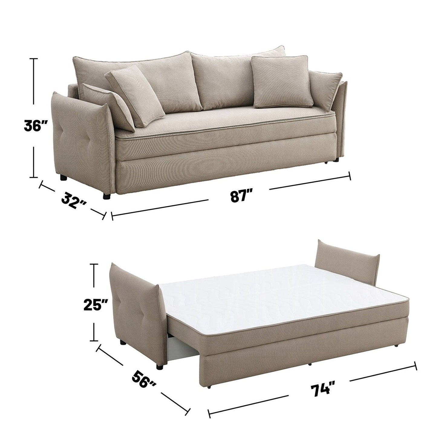 Divano in tessuto e legno con letto estraibile, design beige